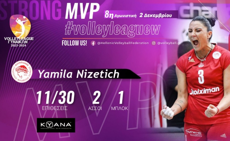 Volley League Γυναικών: MVP της 8ης αγωνιστικής η Νίζετιχ!